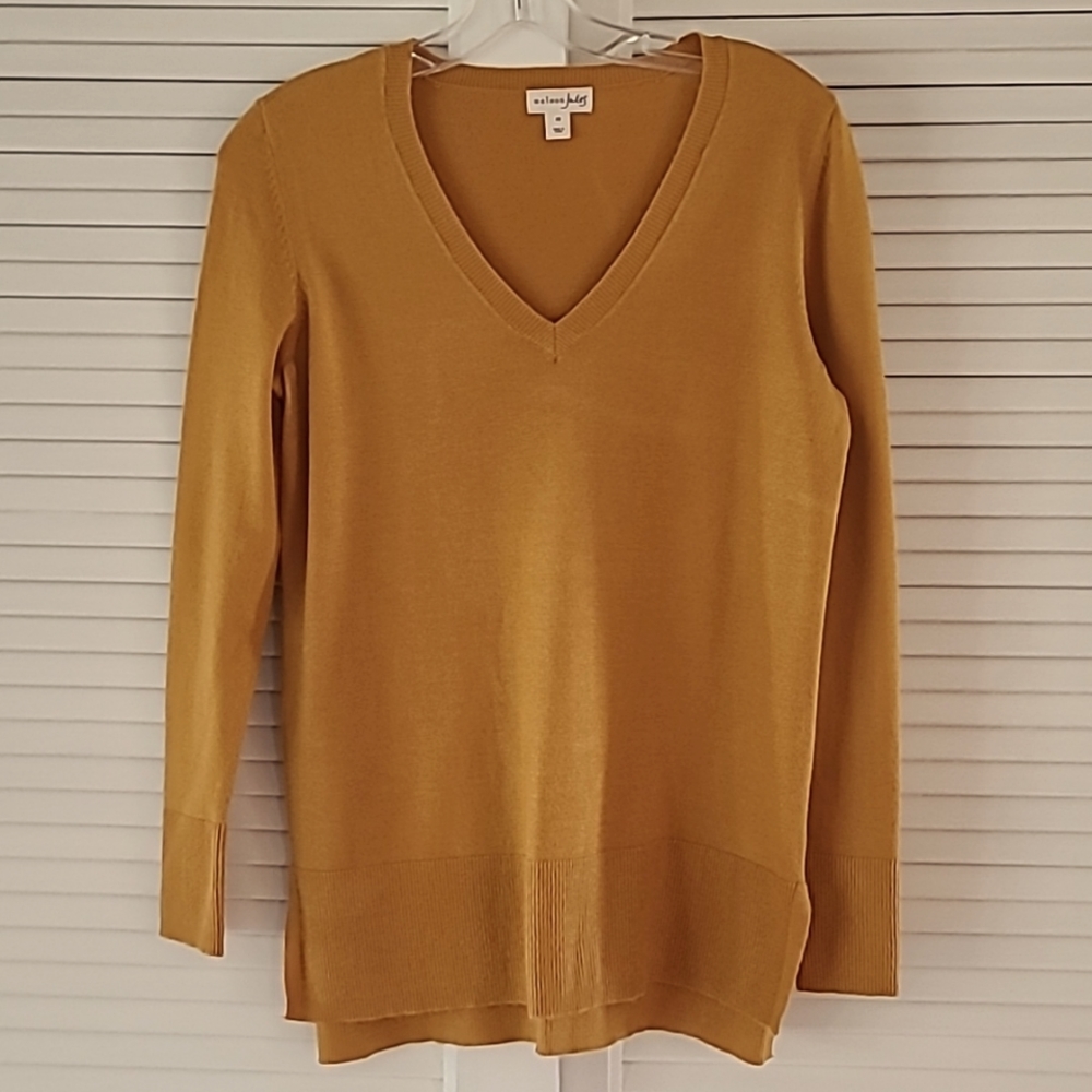 Maison Jules Lg Sleeve Sweater V Neck Tunic  Size X Small  Butterscotch